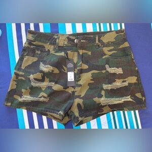 Fashion Nova Green Camo Distressed Jean Shorts